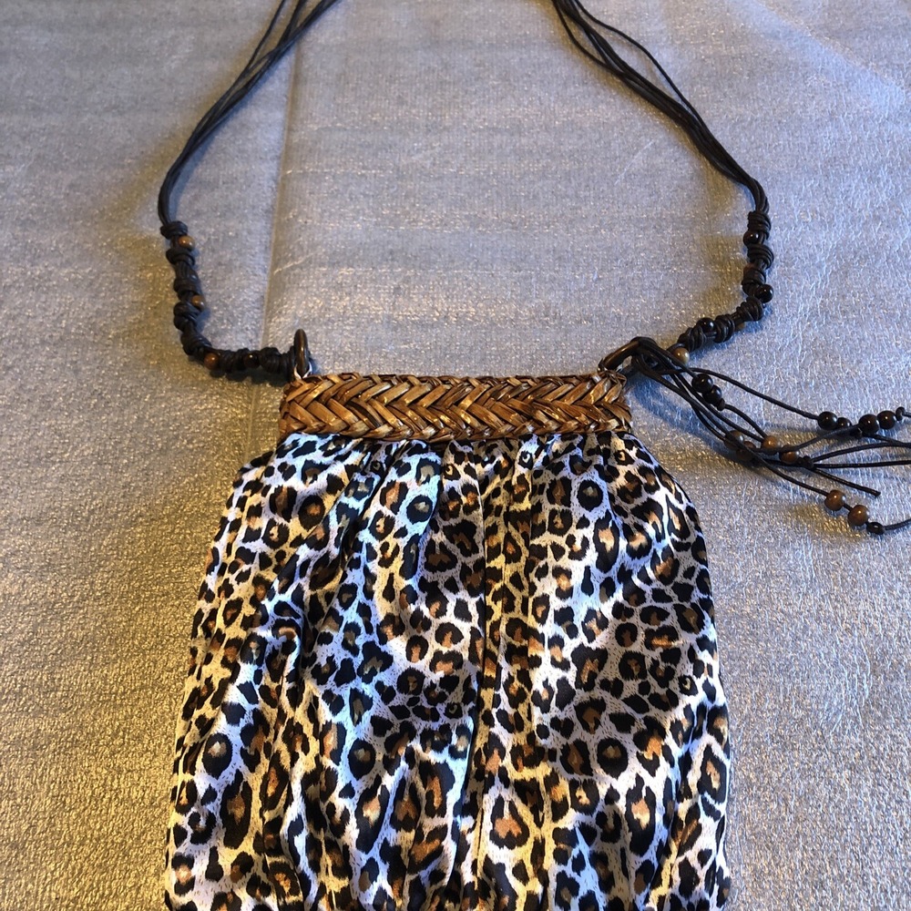 DP Leopard Print Purse Braided Beaded Long Strap Bohemian Hippie Pocket Clasp - Picture 2 of 12